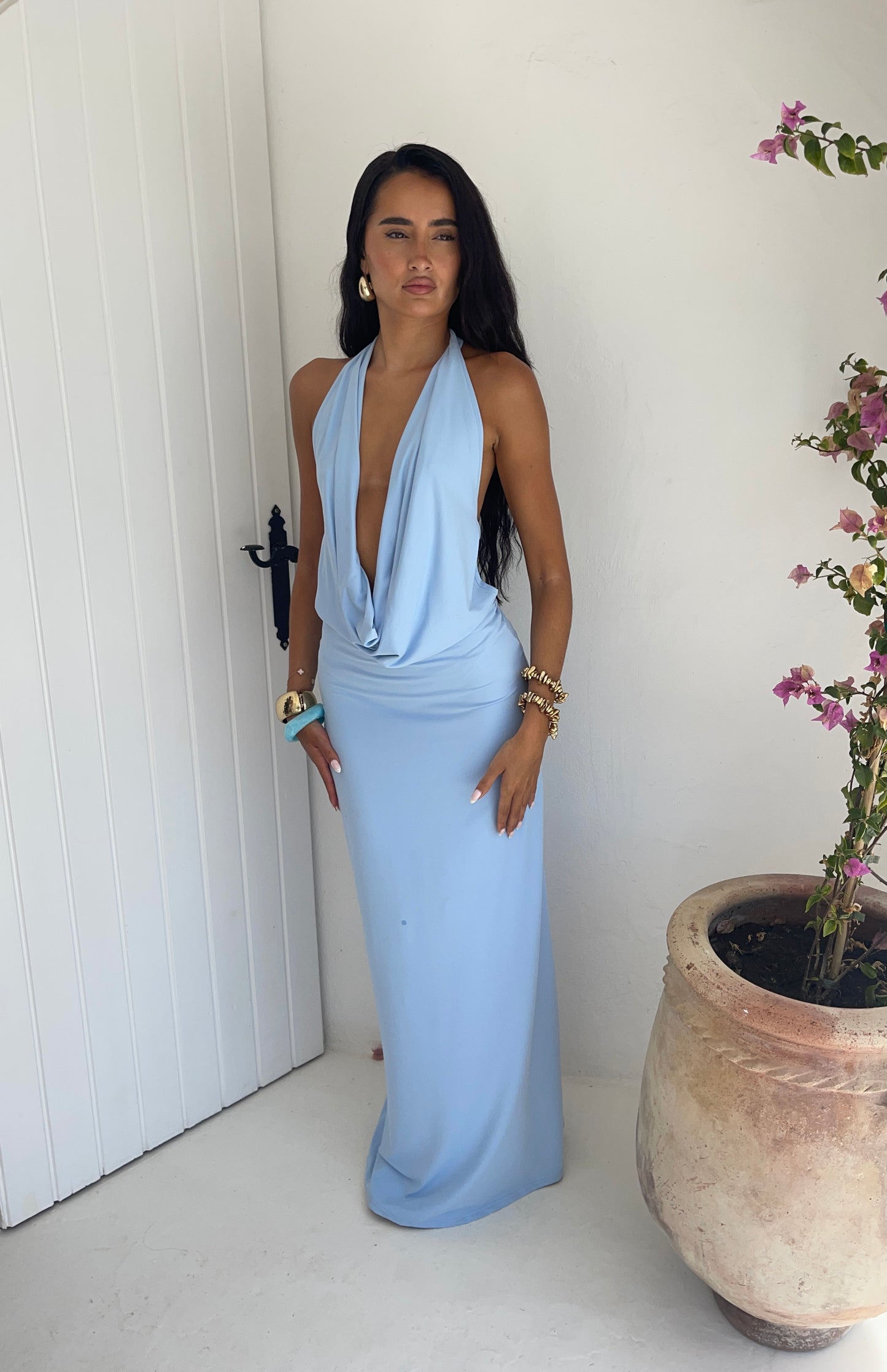 Riviera Plunge Maxi Dress - Blue