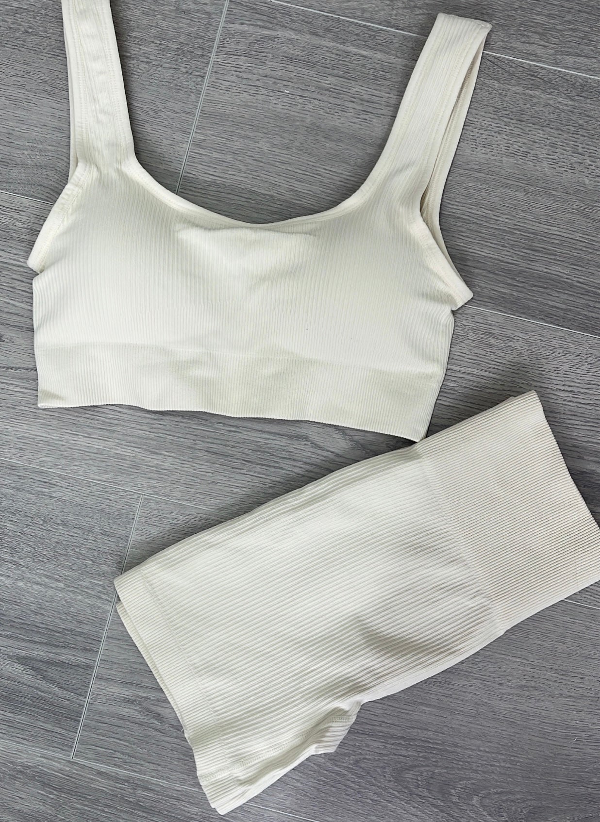 Seamless Ribbed Active Shorts Set- Cream