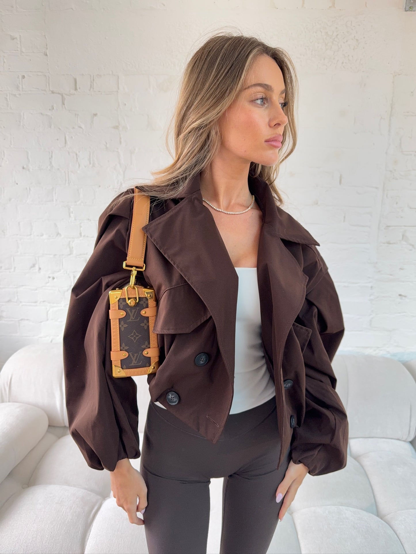 Balloon Sleeve Cropped Trench - Brown