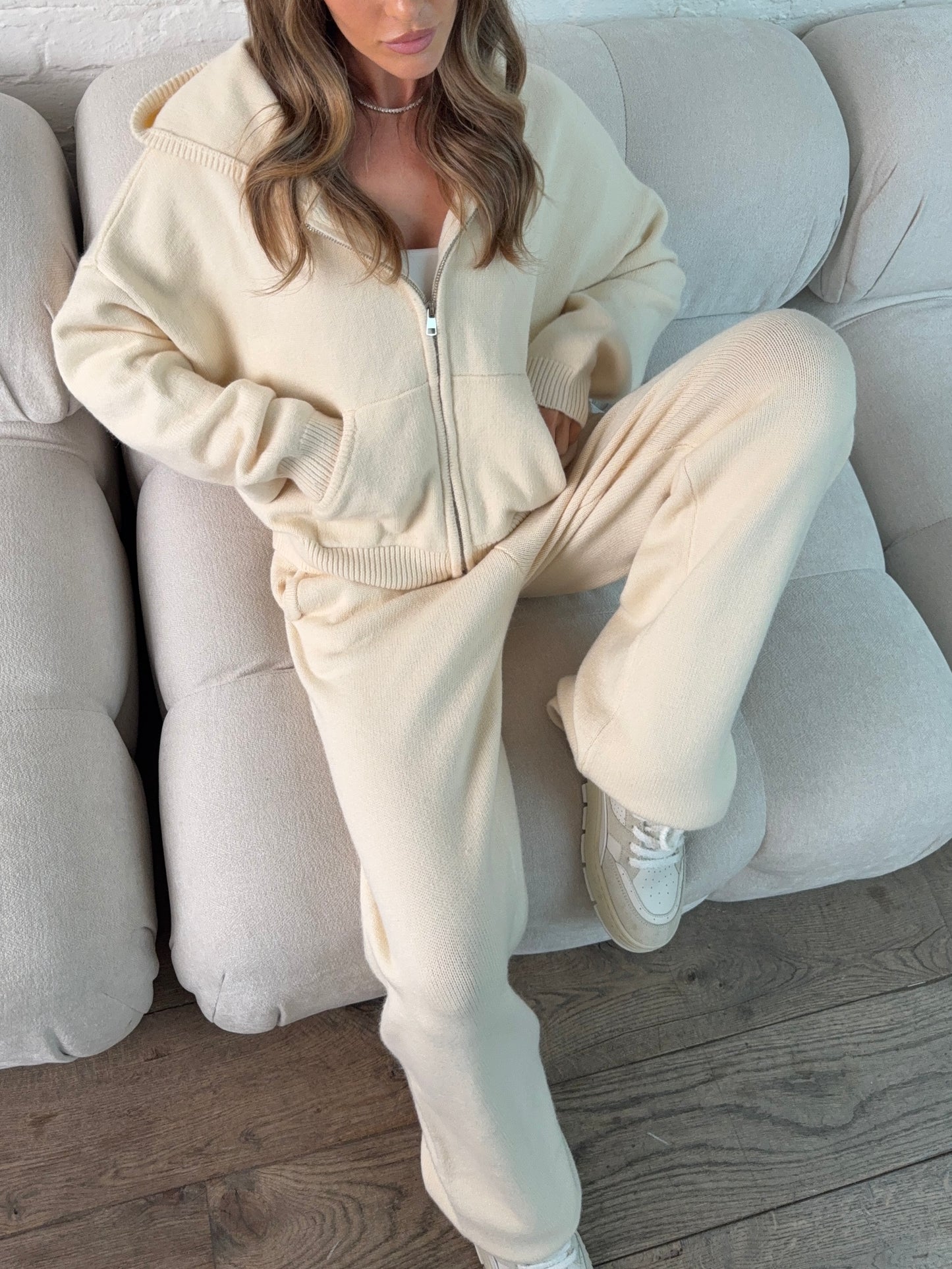 Hooded Knit Tracksuit - Cream