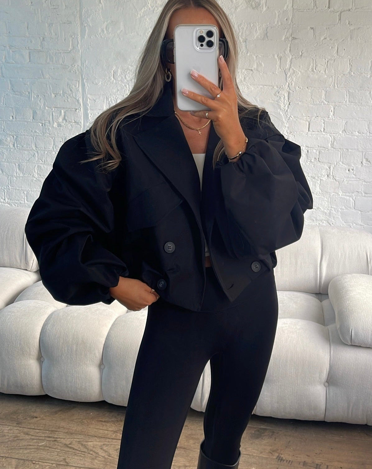 Balloon Sleeve Cropped Trench - Black