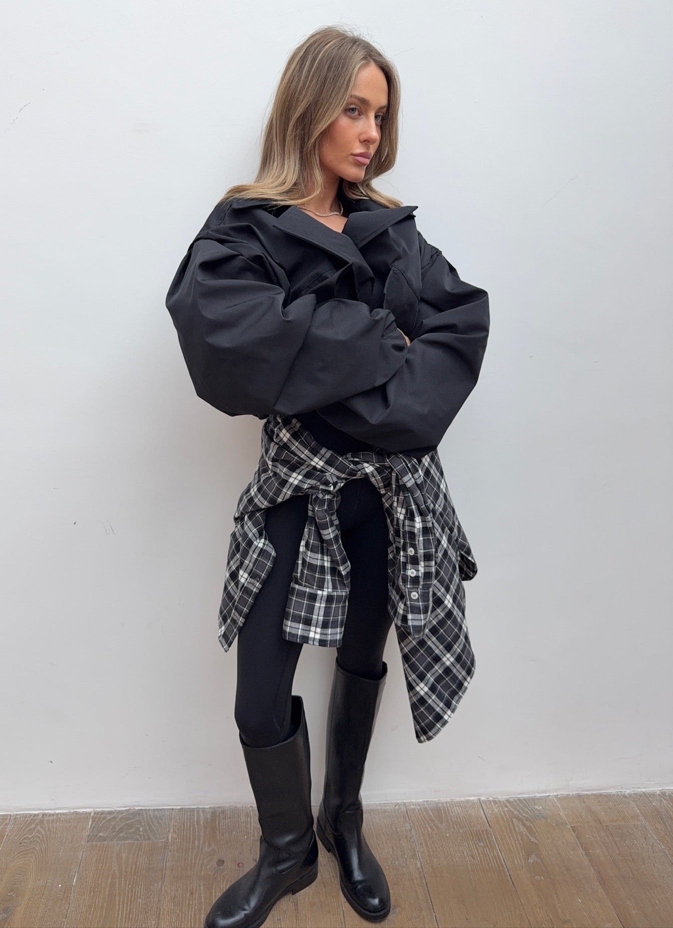 Balloon Sleeve Cropped Trench - Black