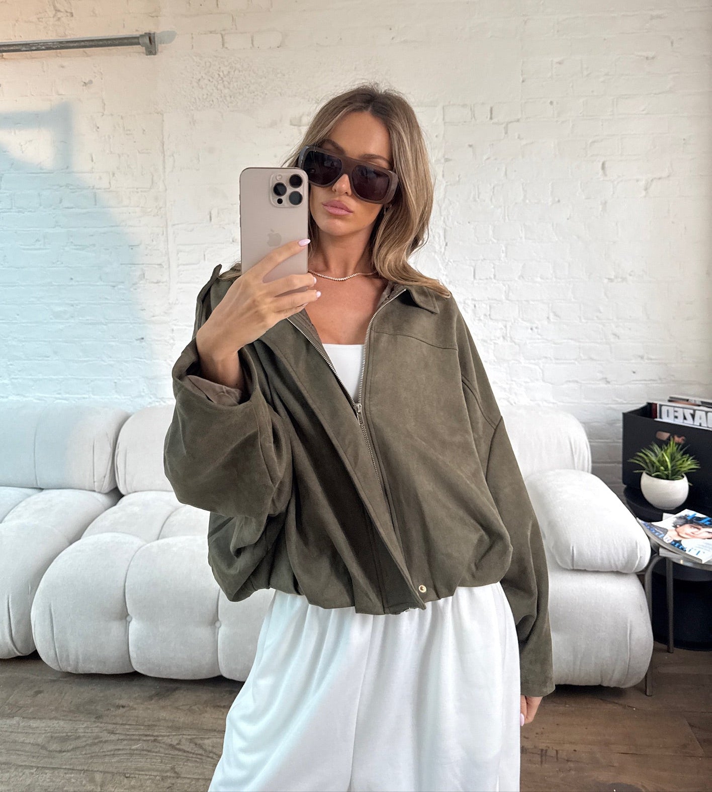 Suede Style Oversized Jacket - Khaki