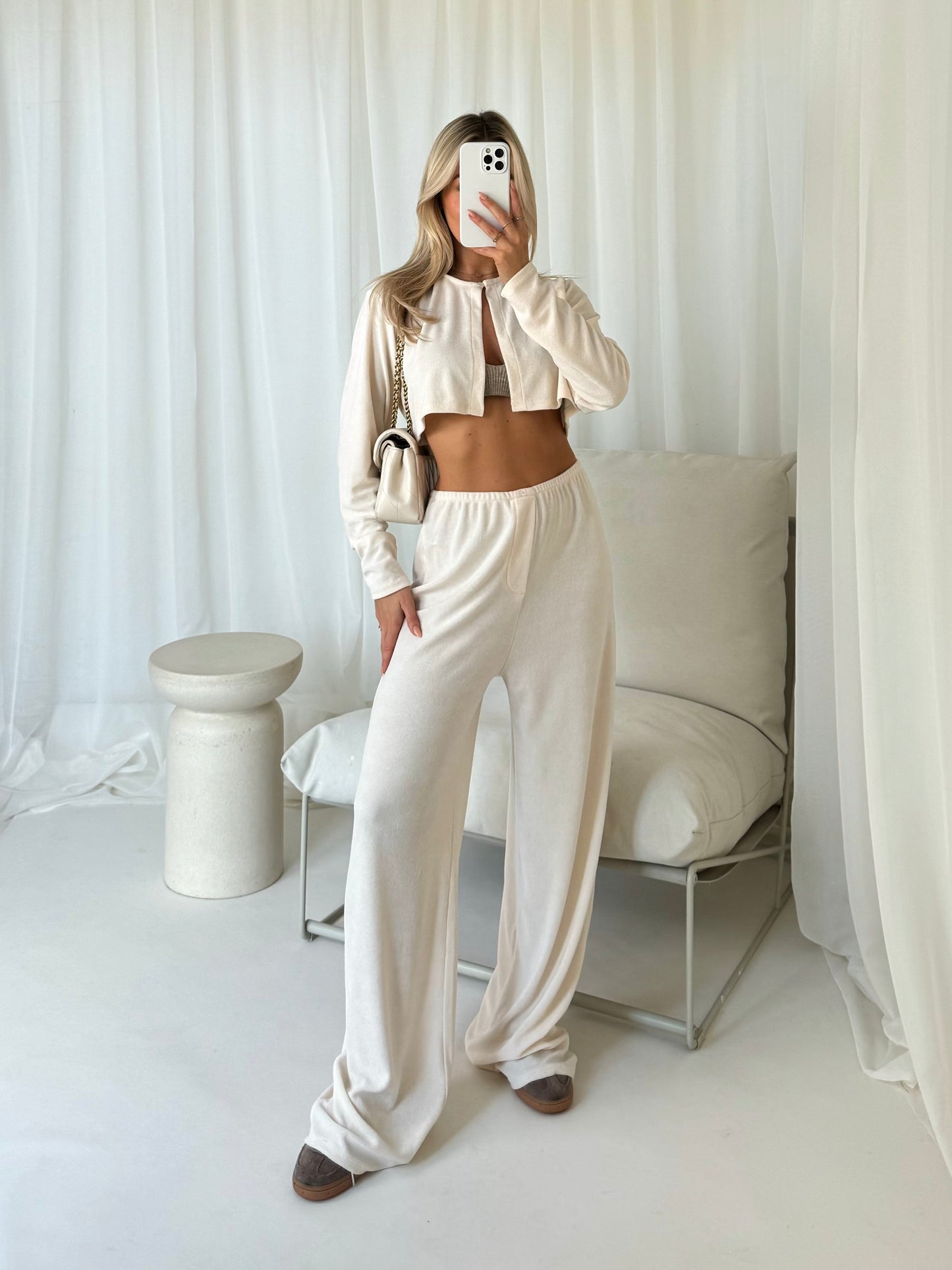 Towelling Cropped Cardigan - Cream