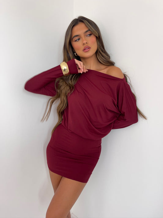 SERENA Long Sleeve Slinky Dress - Burgundy