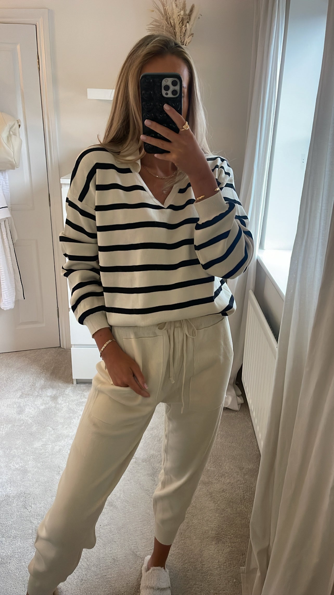 White Stripe Knit Co ord Loungewear