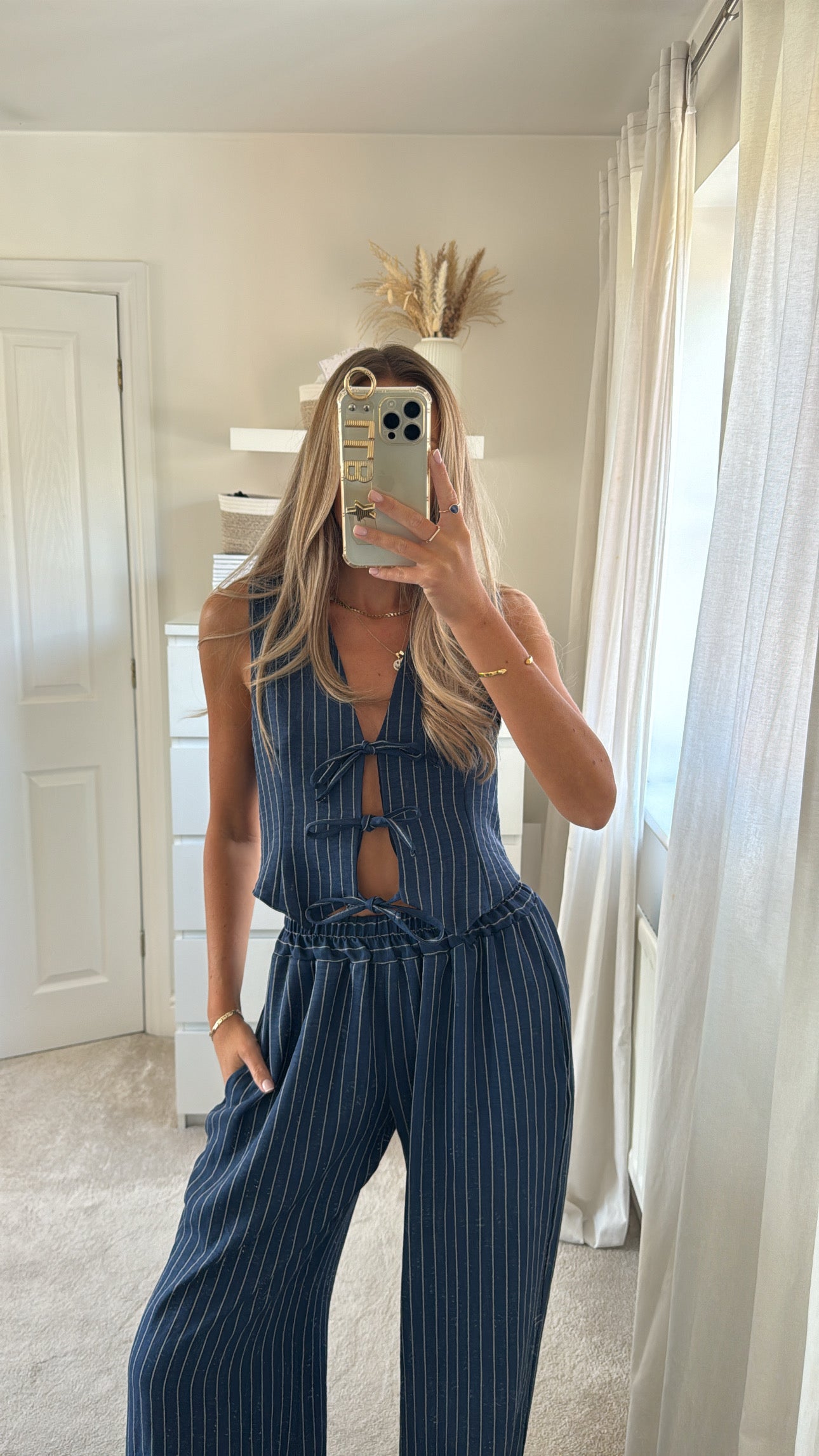 Tie Pinstripe Trouser Suit - Blue