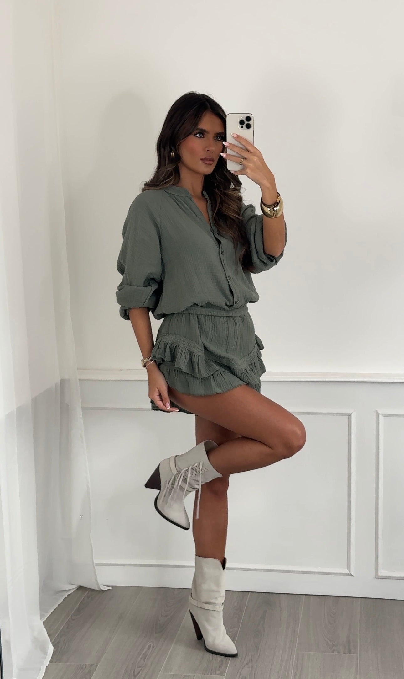 Khaki Tulum Frill Shorts Set