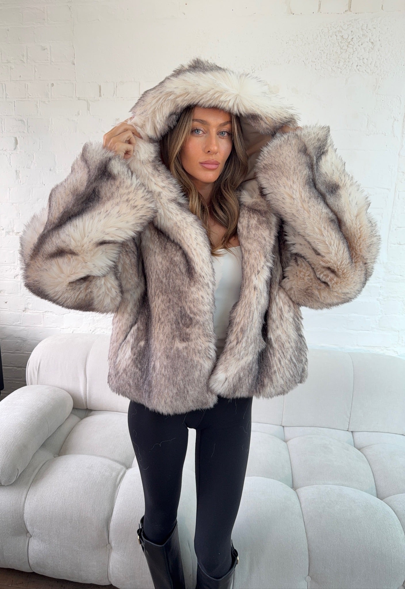 Hooded Faux Fur Jacket - Grey
