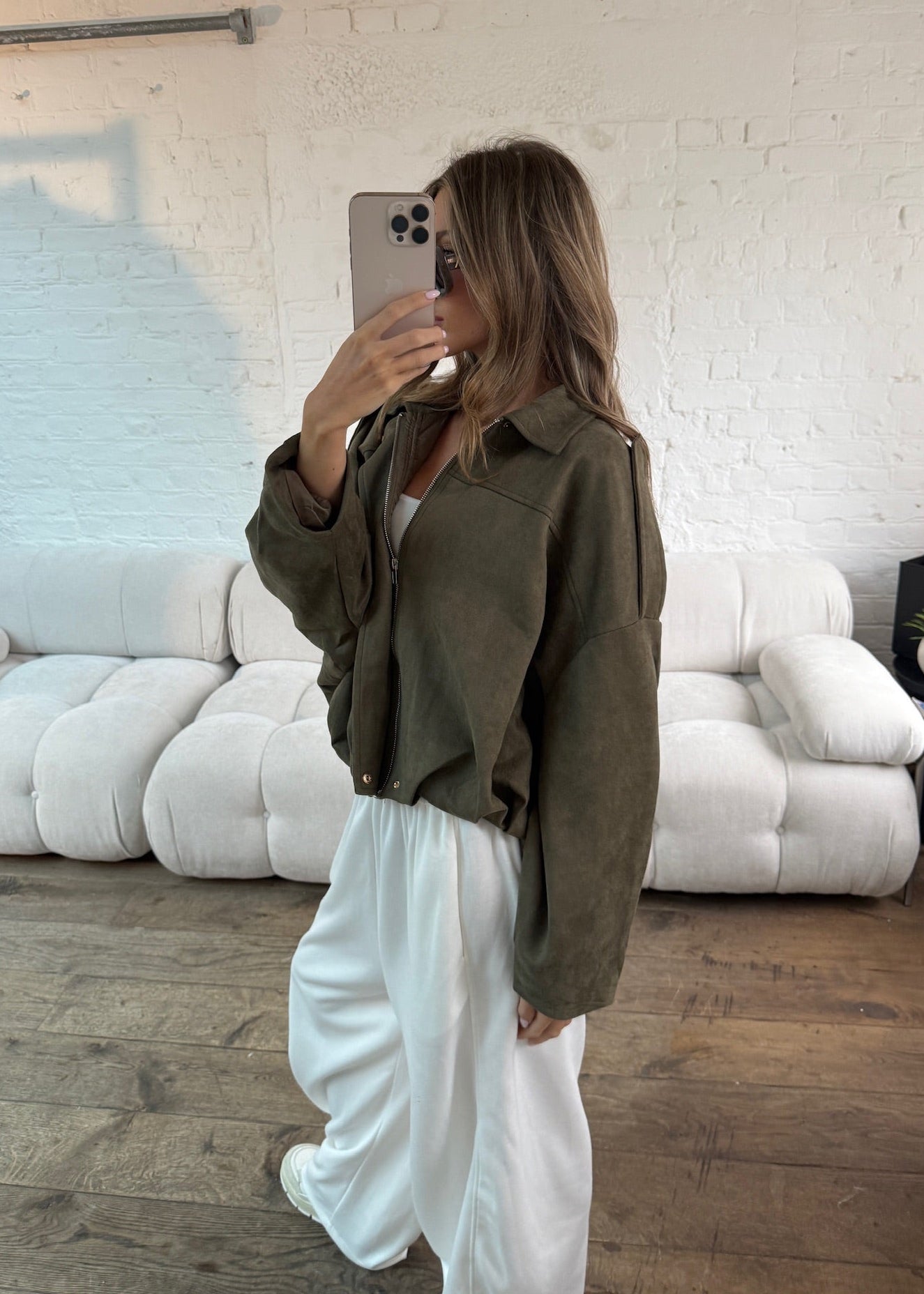 Suede Style Oversized Jacket - Khaki