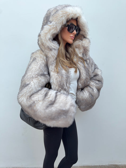 Hooded Faux Fur Jacket - Grey