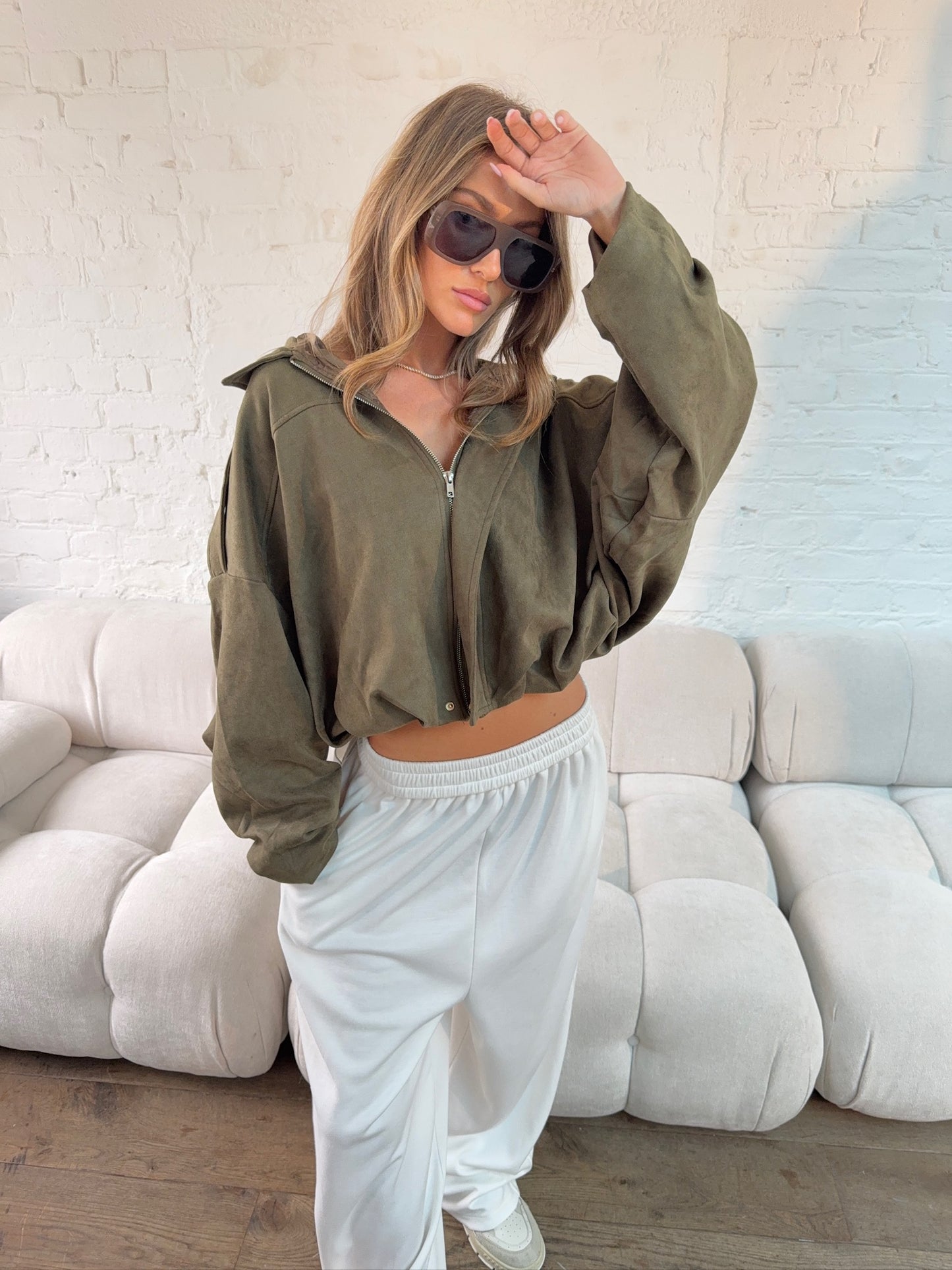 Suede Style Oversized Jacket - Khaki