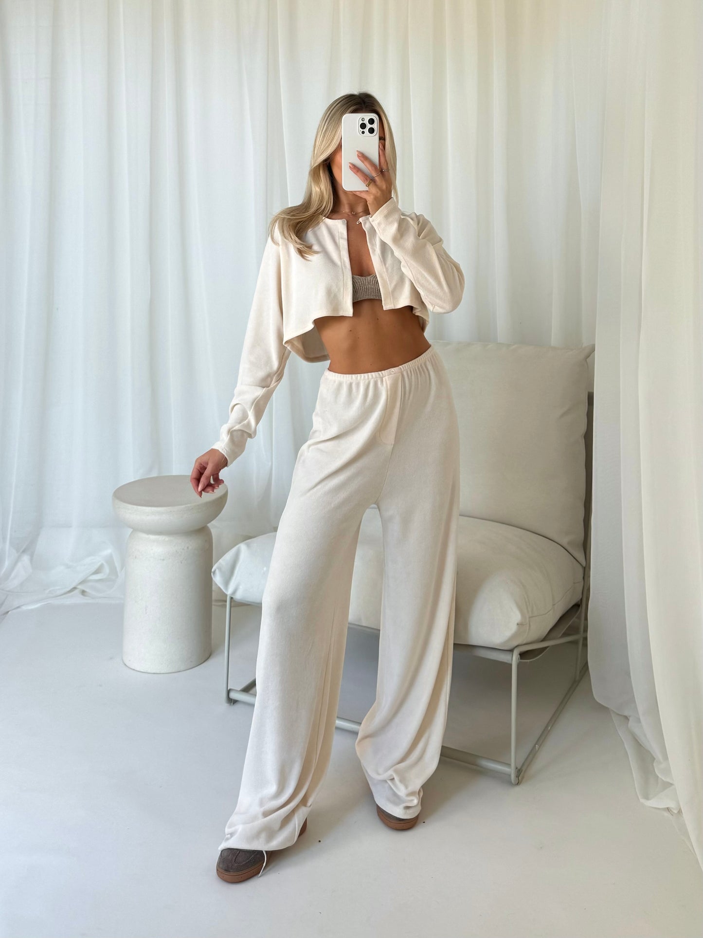 Towelling Cropped Cardigan - Cream