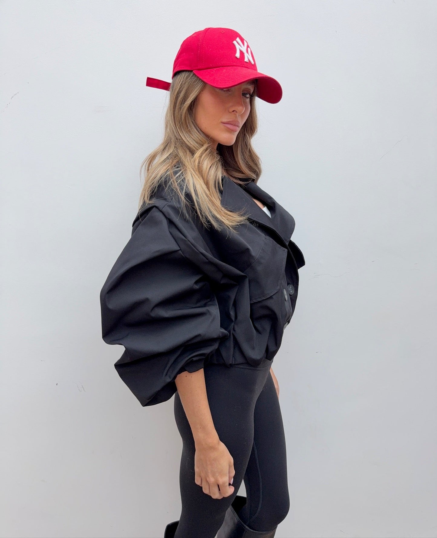 Balloon Sleeve Cropped Trench - Black