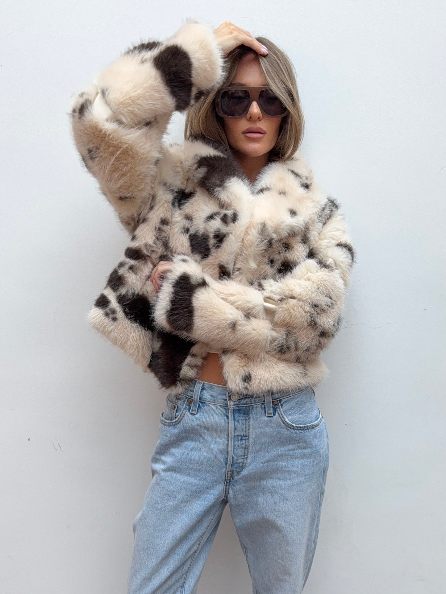 Faux Fur Jacket - Cow Print