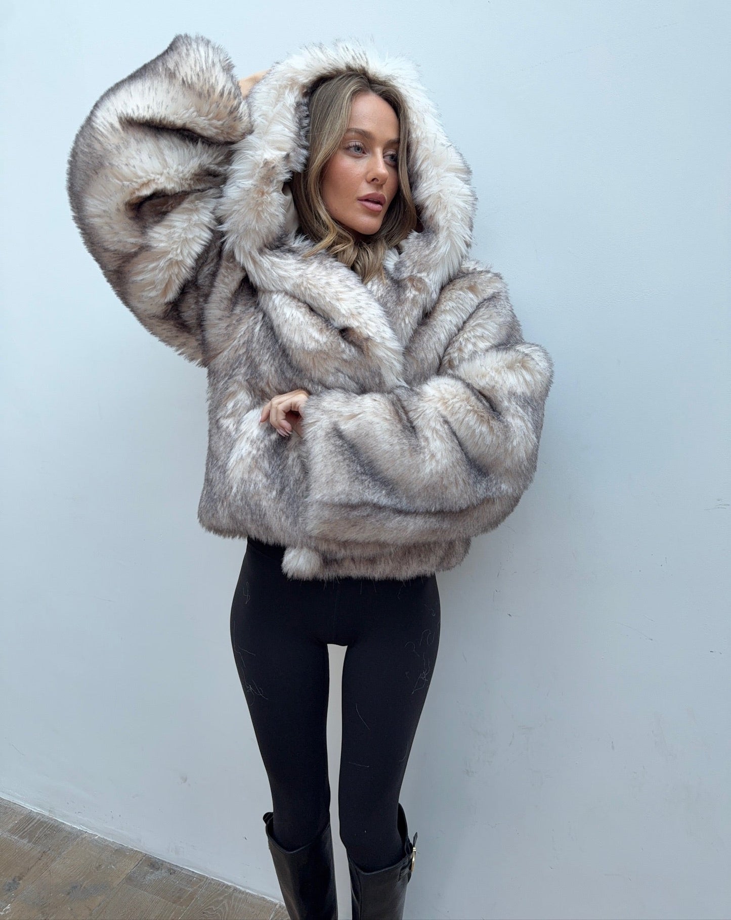 Hooded Faux Fur Jacket - Grey