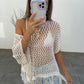 Romani Tassle Crochet Top -Taupe & White