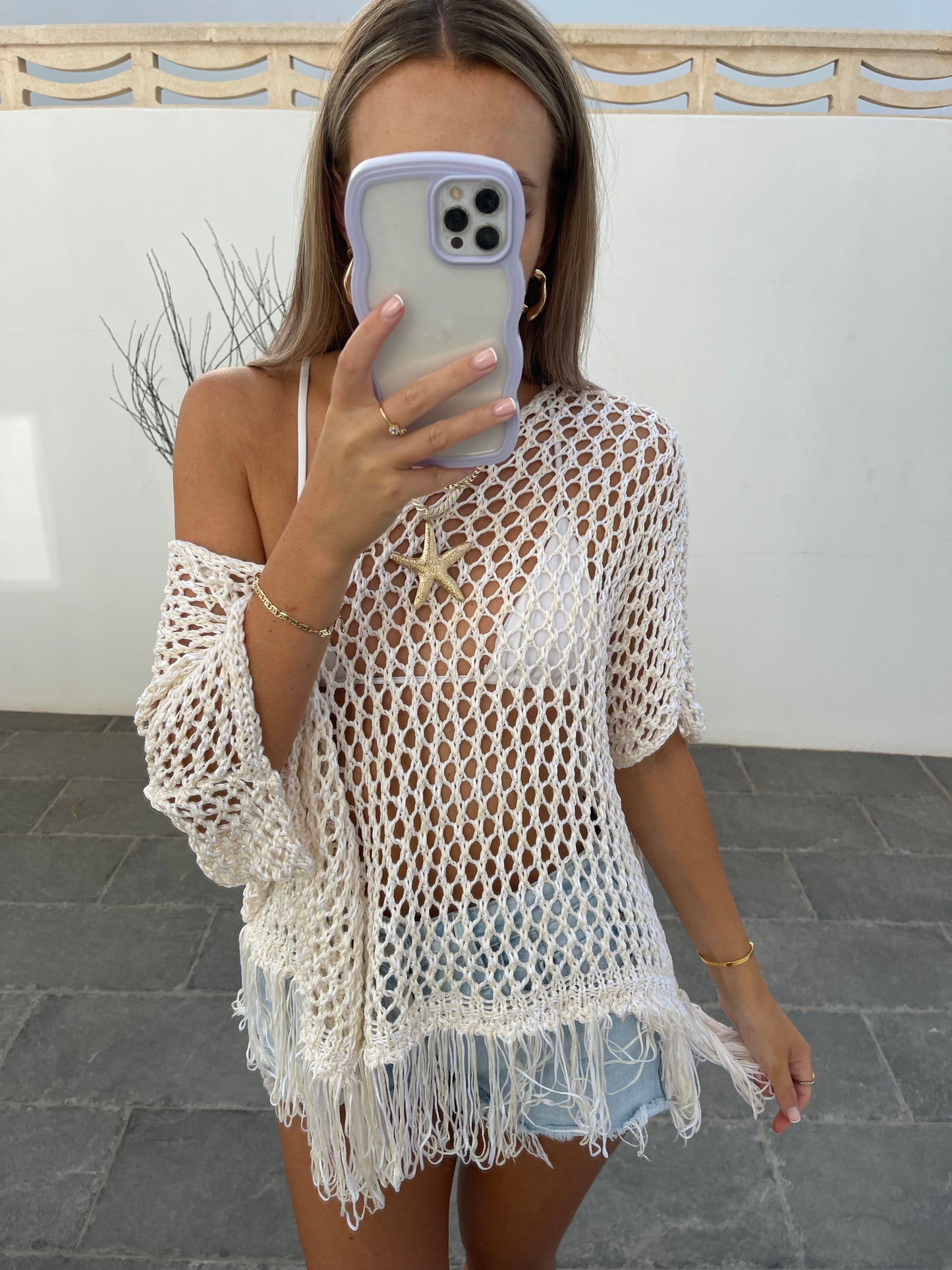 Romani Tassle Crochet Top -Taupe & White