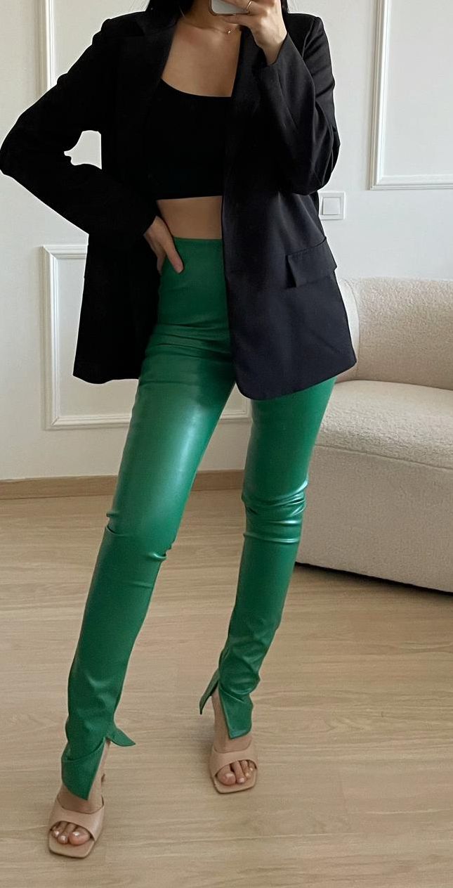 Green Split Hem Faux Leather Trousers