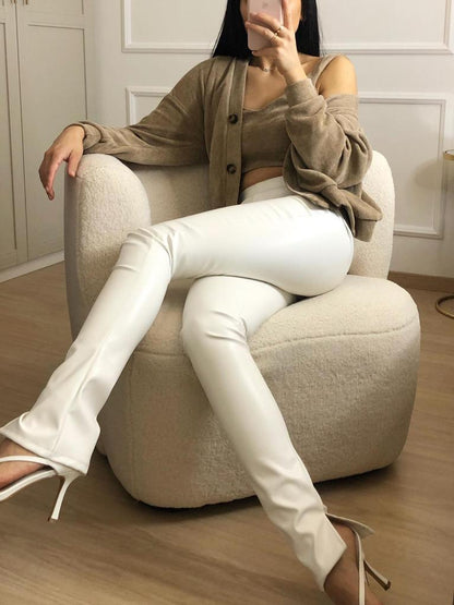 White Split Hem Faux Leather Trousers