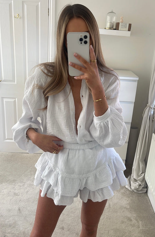 White Tulum Frill Shorts Set